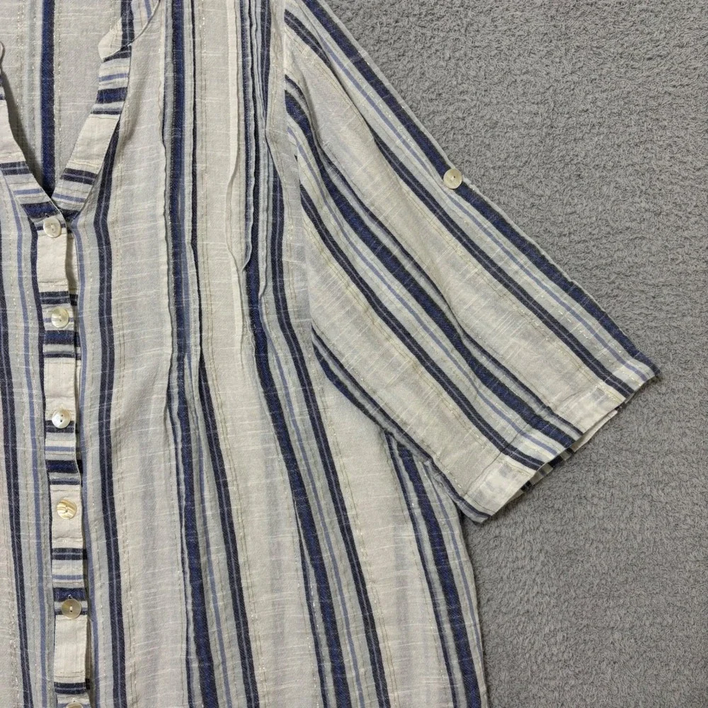 Comfortable Cotton Blend Blouse Roll Tab Sleeve Lightweight Blue Stripe 3X